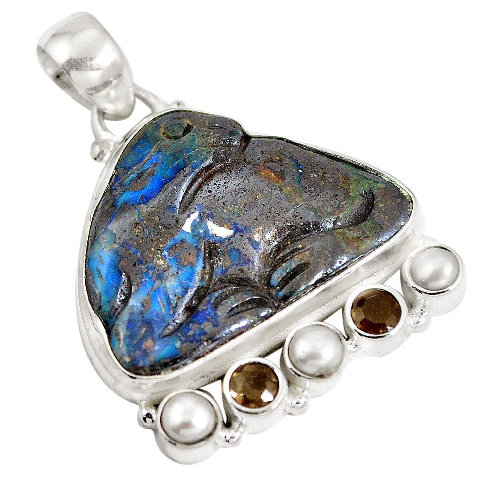 Natural brown boulder opal carving pearl 925 silver pendant d28452