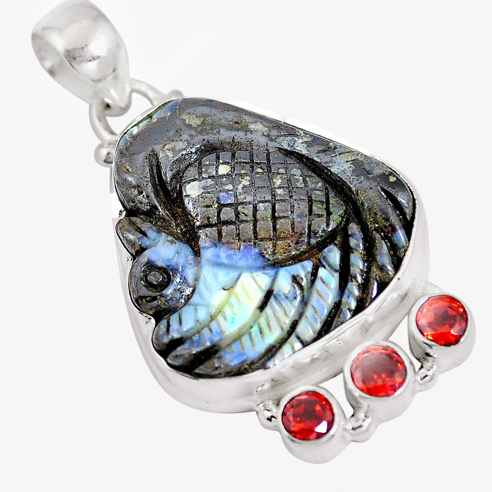 Natural brown boulder opal carving red garnet 925 silver pendant d28453