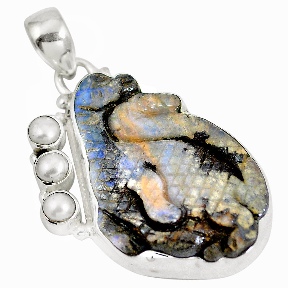 Natural brown boulder opal carving white pearl 925 silver pendant d28454