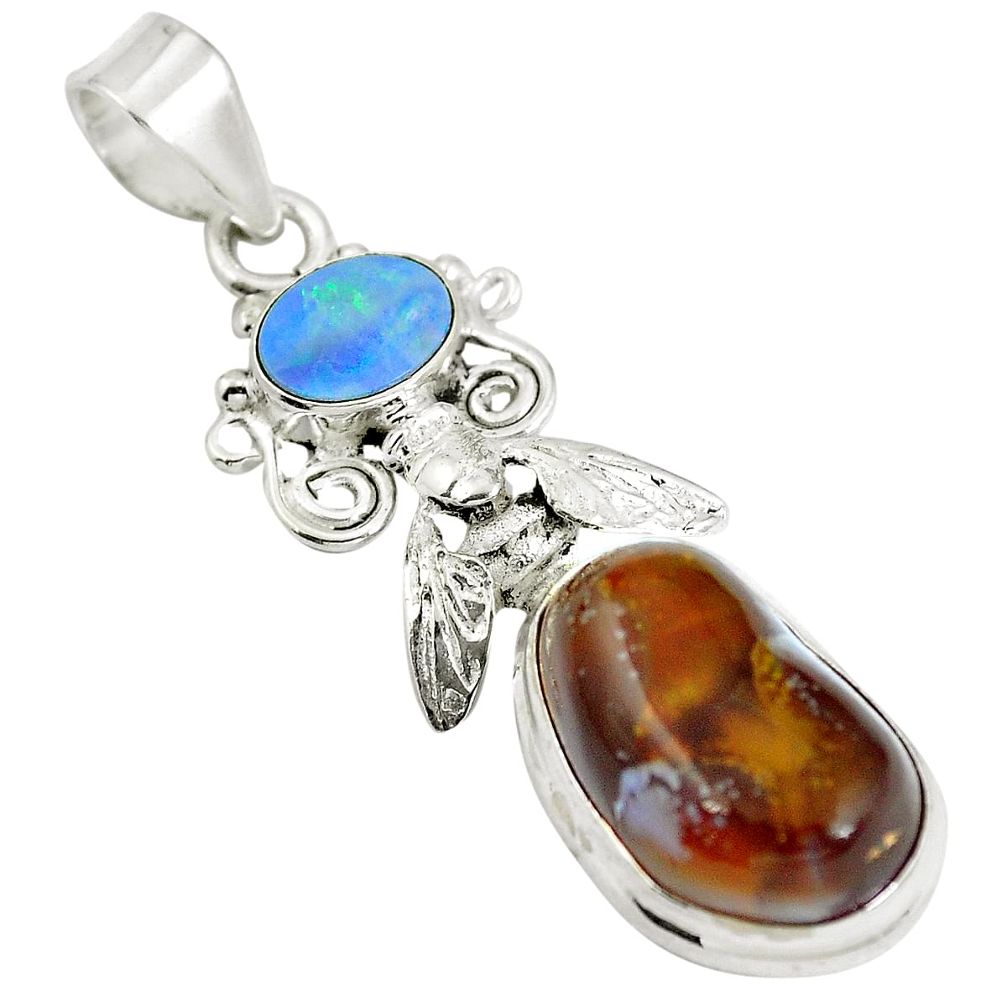 Natural multi color mexican fire agate 925 silver honey bee pendant d28468
