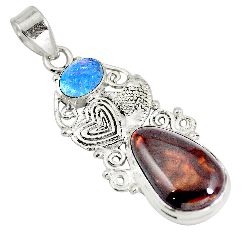 Natural multi color mexican fire agate 925 silver couple hearts pendant d28473