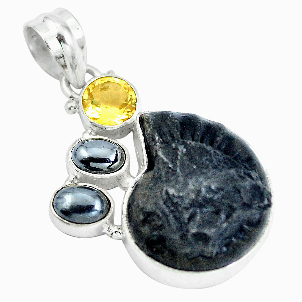 Natural black pyrite ammonite hematite citrine 925 silver pendant d28482