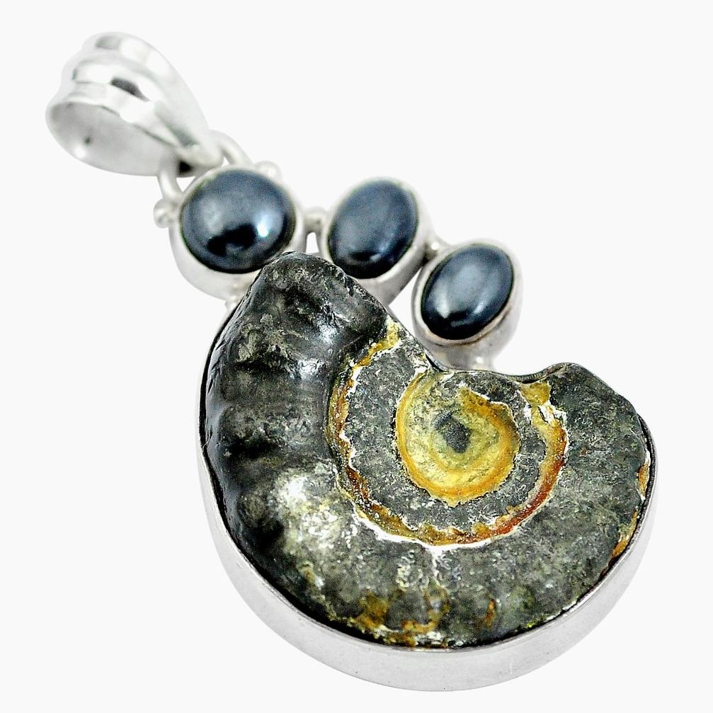 Natural black pyrite ammonite hematite 925 silver pendant jewelry d28531