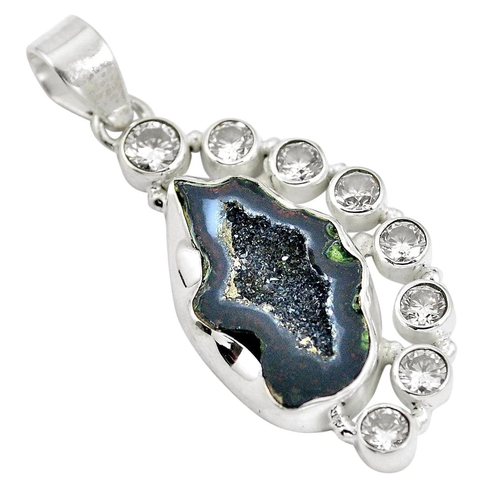 Natural black geode druzy topaz 925 sterling silver pendant d28548