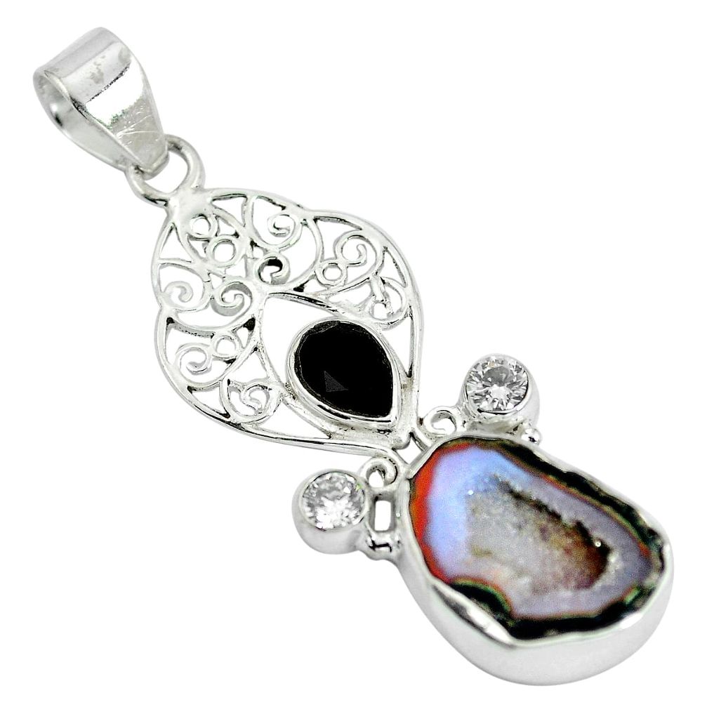 Natural black geode druzy onyx 925 sterling silver pendant jewelry d28551