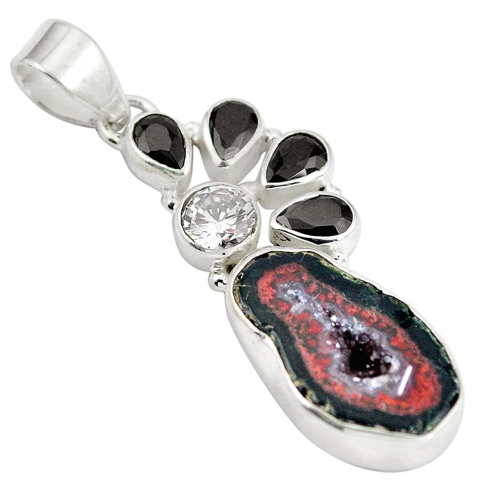 Natural black geode druzy onyx 925 sterling silver pendant d28554