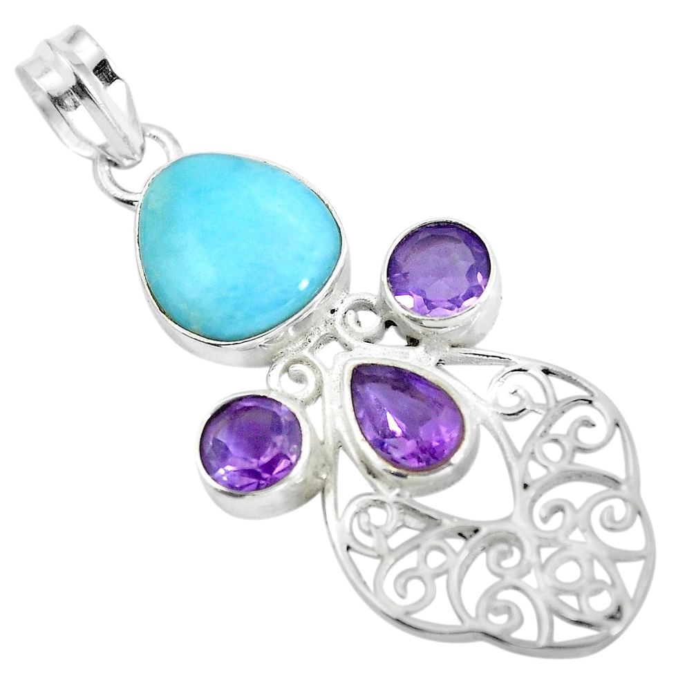Natural blue larimar amethyst 925 sterling silver pendant jewelry d28588