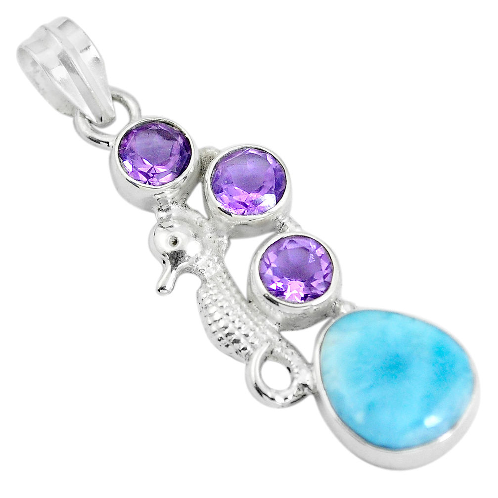 Natural blue larimar amethyst 925 silver seahorse pendant d28599