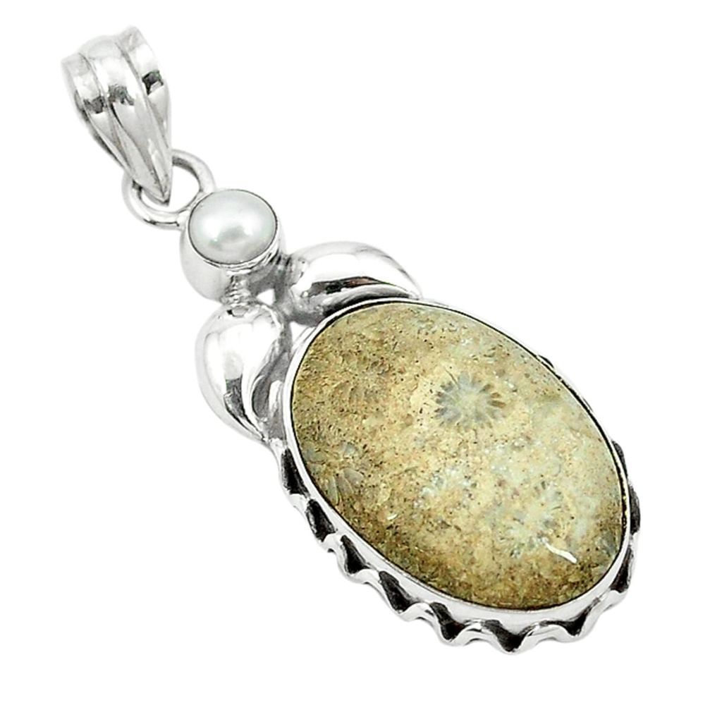 925 silver natural brown fossil coral (agatized) petoskey stone pendant d2860