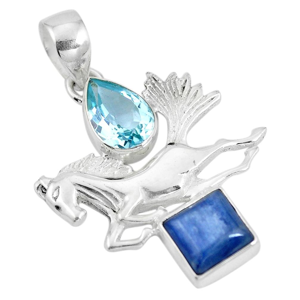 Natural blue kyanite topaz 925 sterling silver horse pendant jewelry d28612