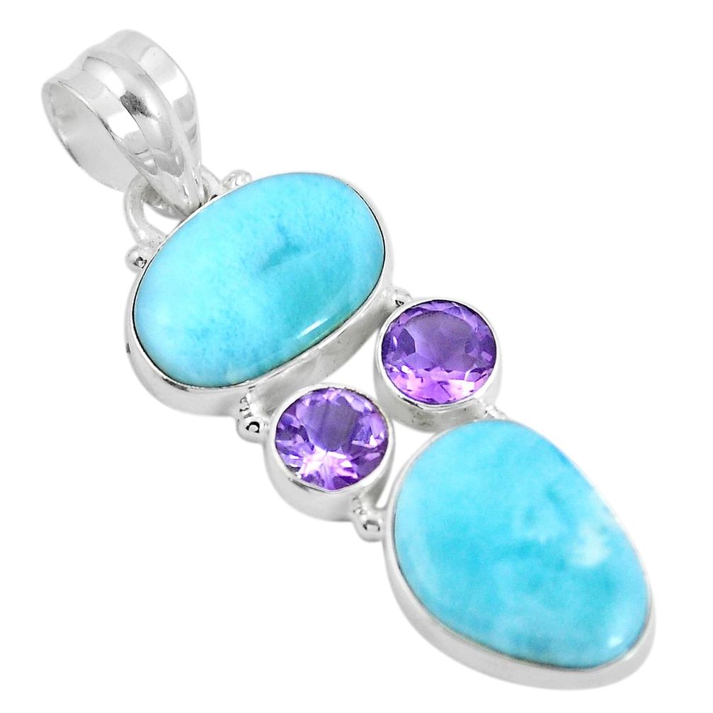 Natural blue larimar purple amethyst 925 sterling silver pendant d28613