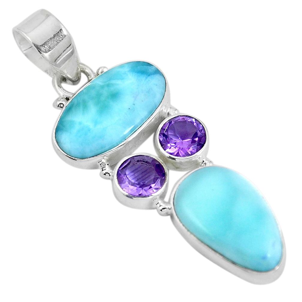 Natural blue larimar amethyst 925 sterling silver pendant jewelry d28618