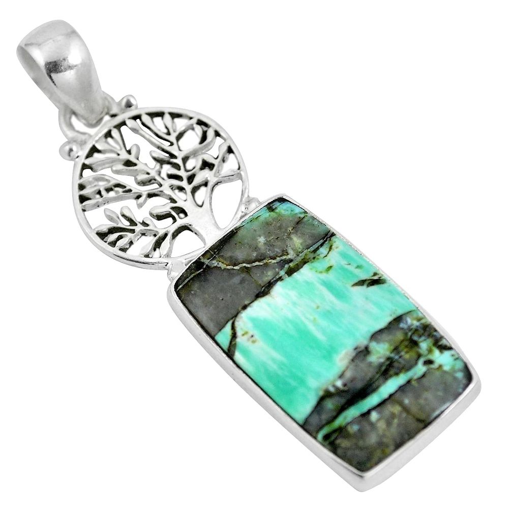 Natural green variscite 925 sterling silver tree of life pendant d28626