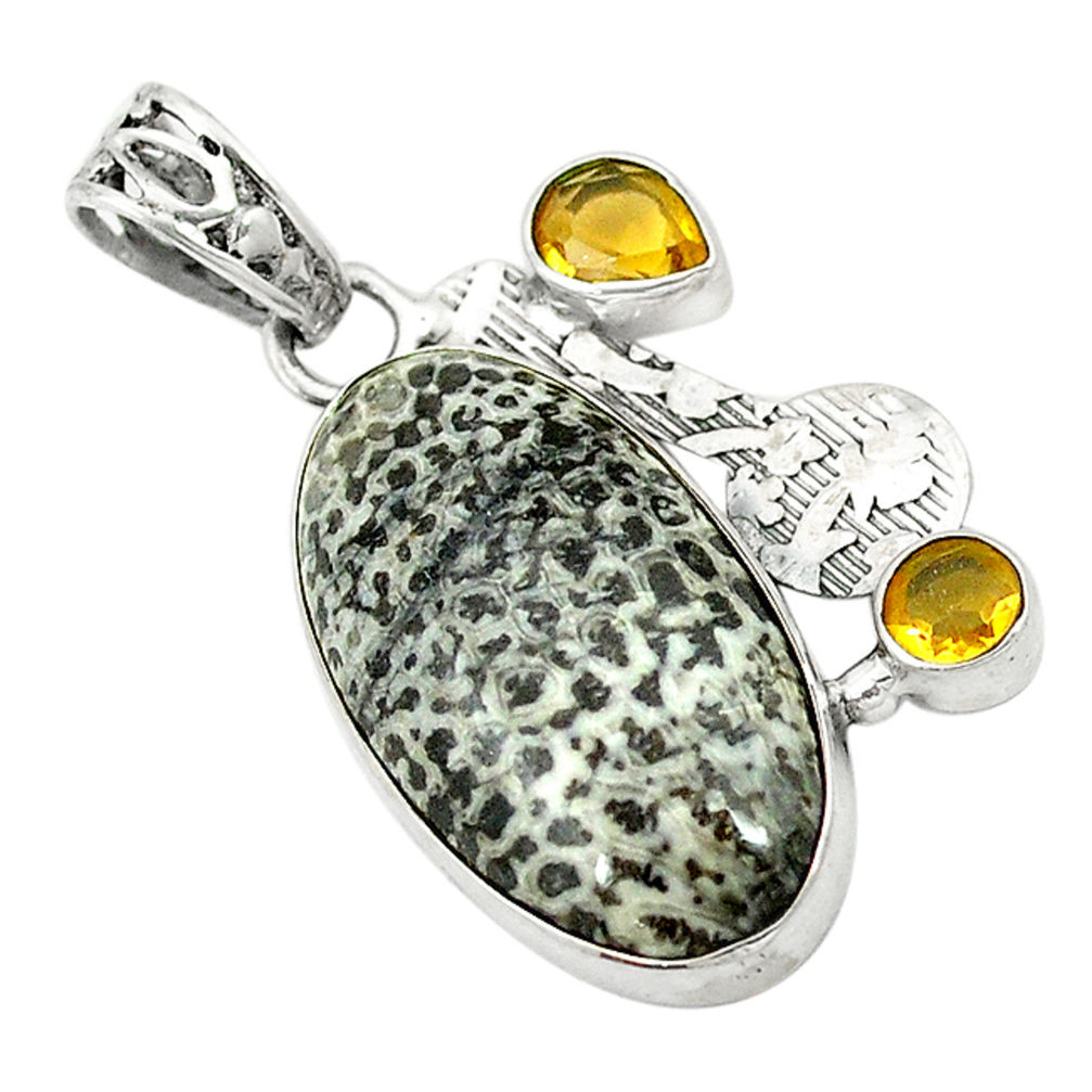 Natural black stingray coral from alaska citrine 925 silver pendant d2866