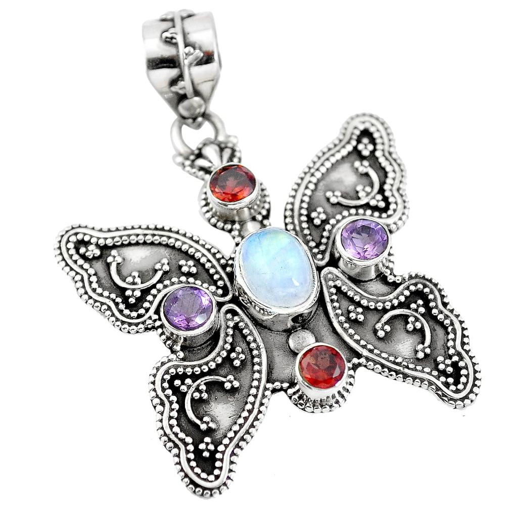 Natural rainbow moonstone amethyst 925 silver butterfly pendant d28681