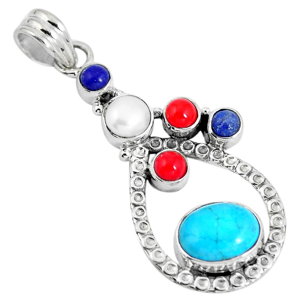 Blue arizona mohave turquoise lapis lazuli pearl 925 silver pendant d28706