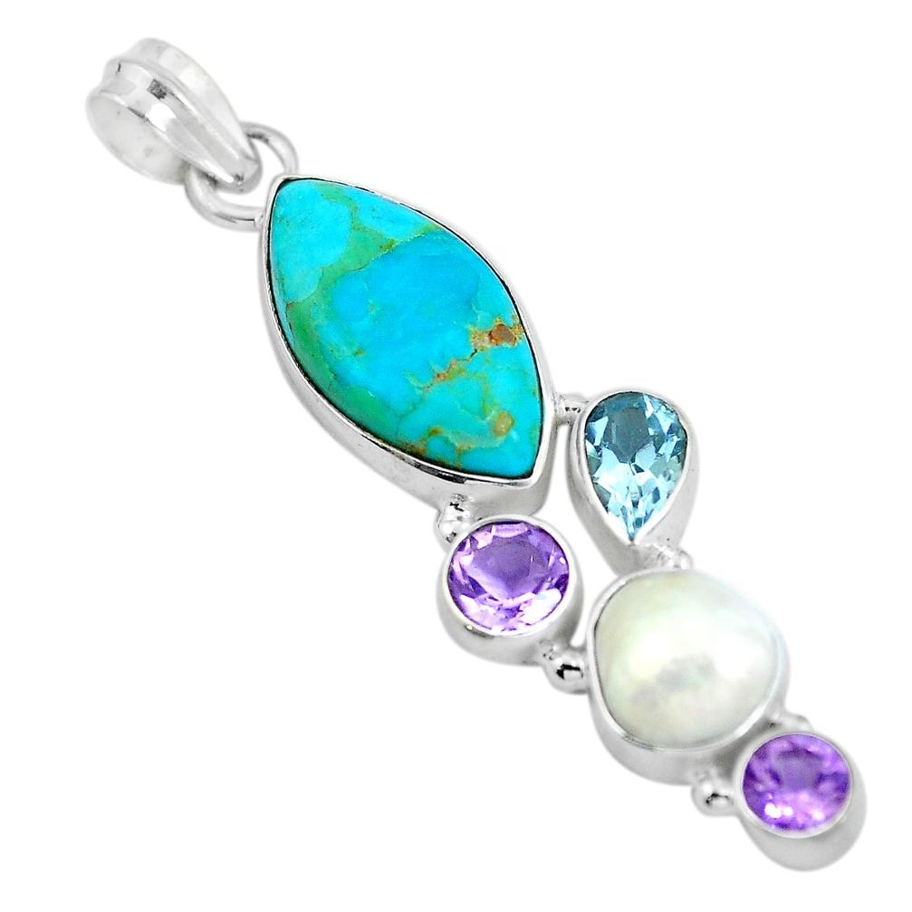 Blue arizona mohave turquoise amethyst pearl 925 silver pendant d28774