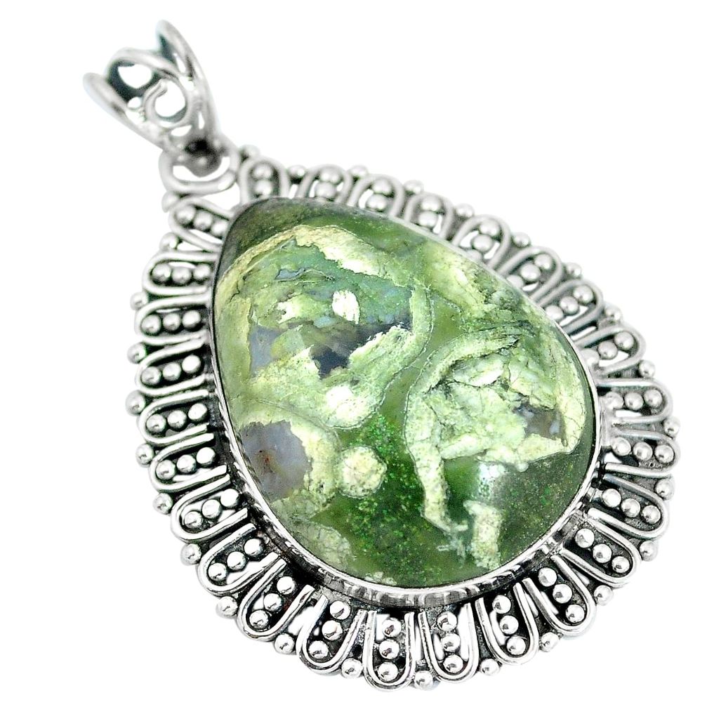 Natural green rainforest rhyolite jasper 925 silver pendant jewelry d28797