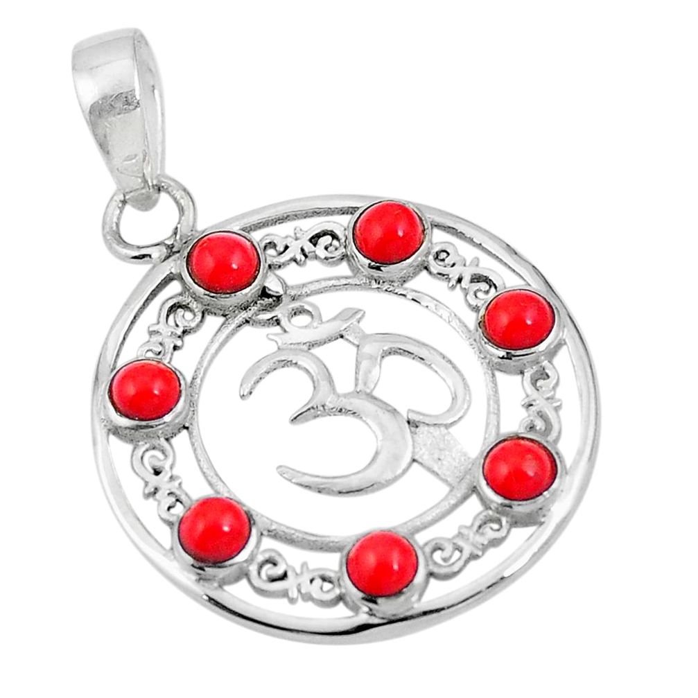 Red coral round 925 sterling silver om symbol pendant jewelry d28801