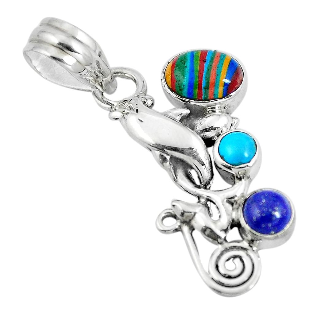 Natural multi color rainbow calsilica turquoise 925 silver pendant d28807