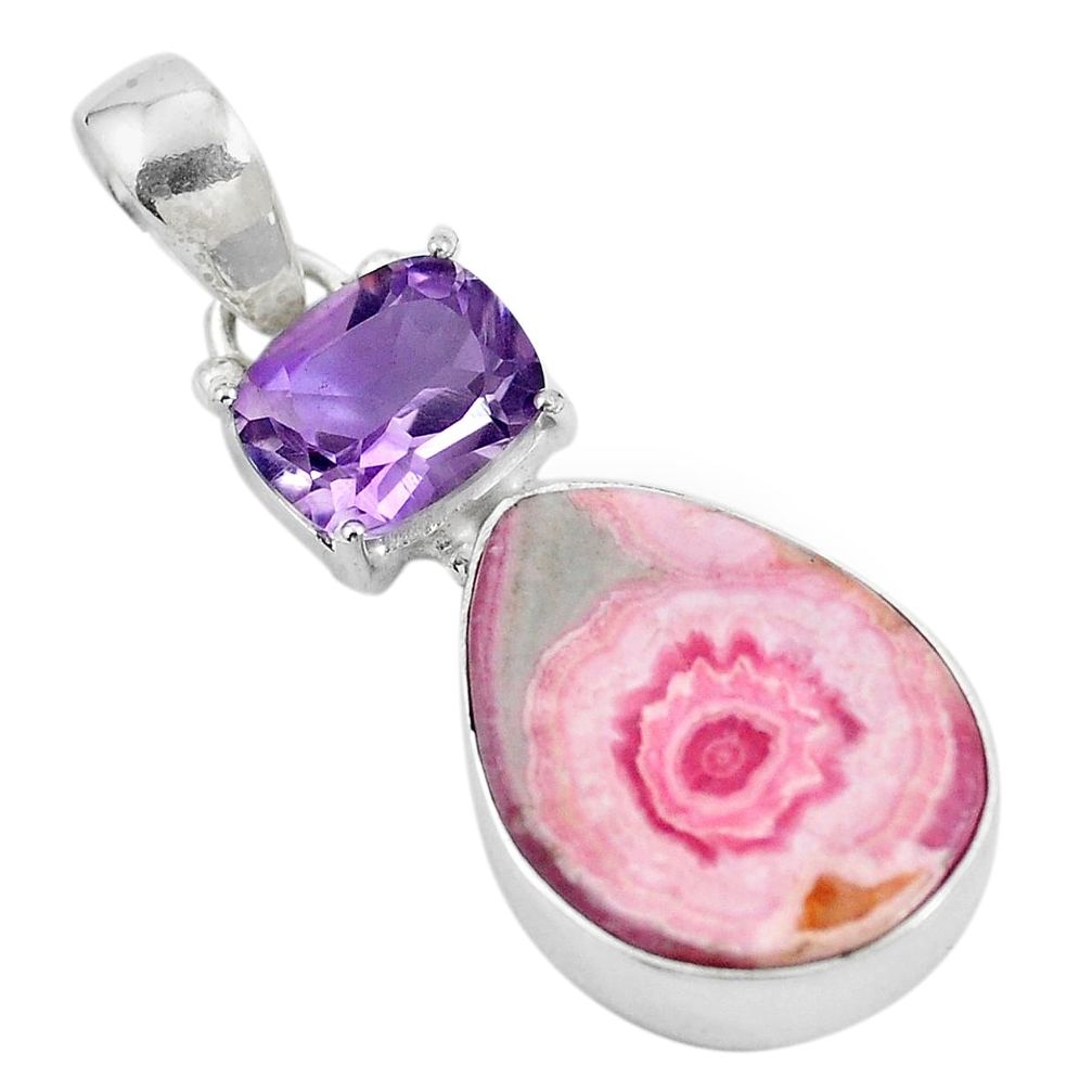 Natural pink rhodochrosite stalactite 925 silver pendant jewelry d28831