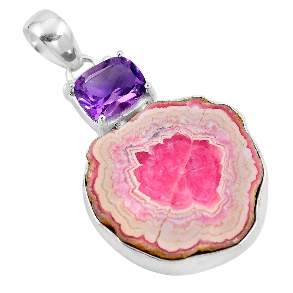 Natural pink rhodochrosite stalactite 925 sterling silver pendant d28832