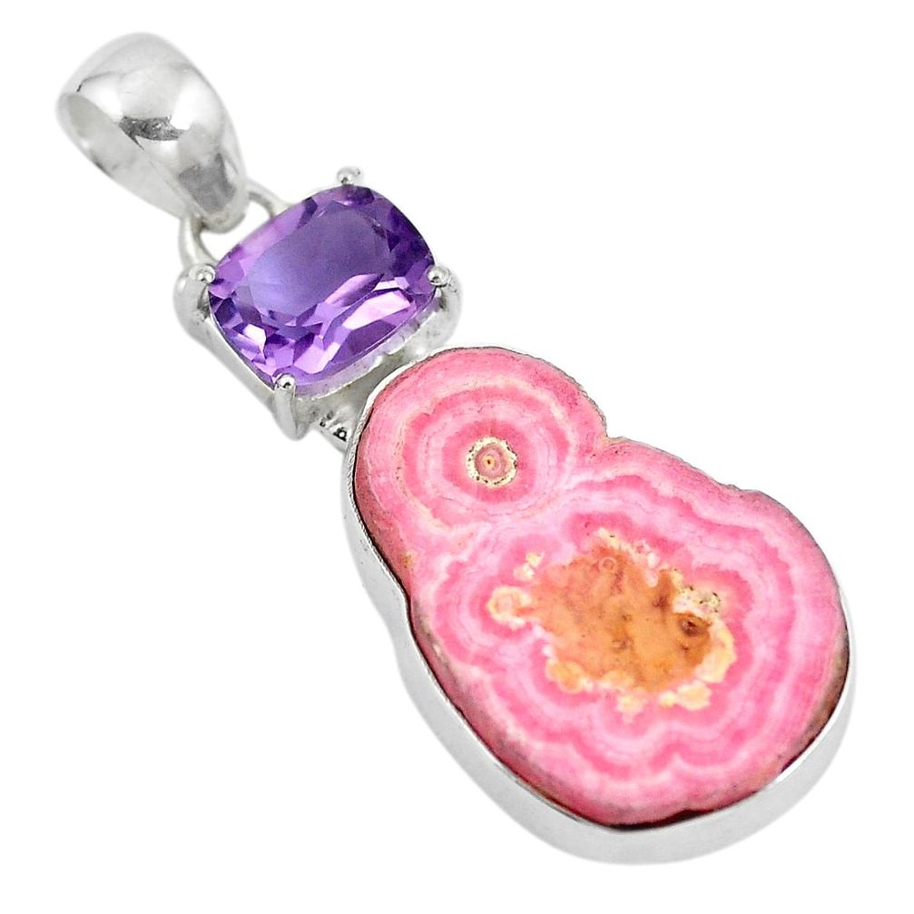 Natural pink rhodochrosite stalactite amethyst 925 silver pendant d28834