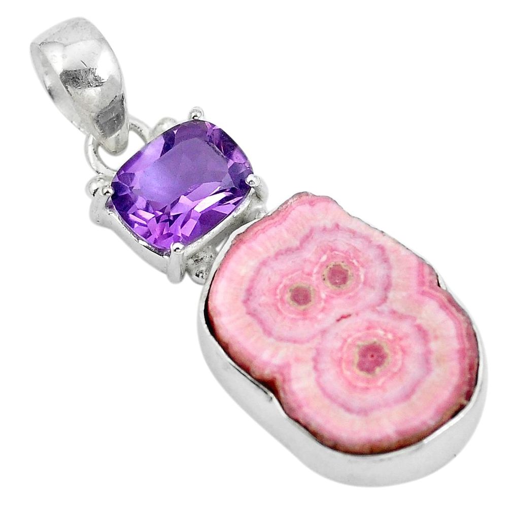 Natural pink rhodochrosite stalactite 925 silver pendant jewelry d28838