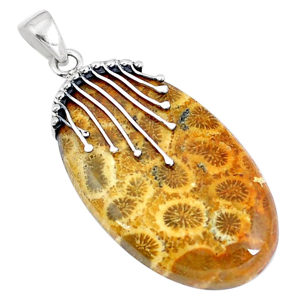 Natural yellow fossil coral (agatized) petoskey stone 925 silver pendant d30367