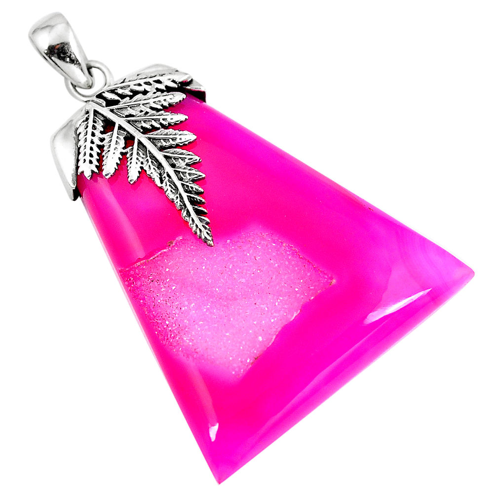 Pink druzy fancy shape 925 sterling silver pendant jewelry d30368