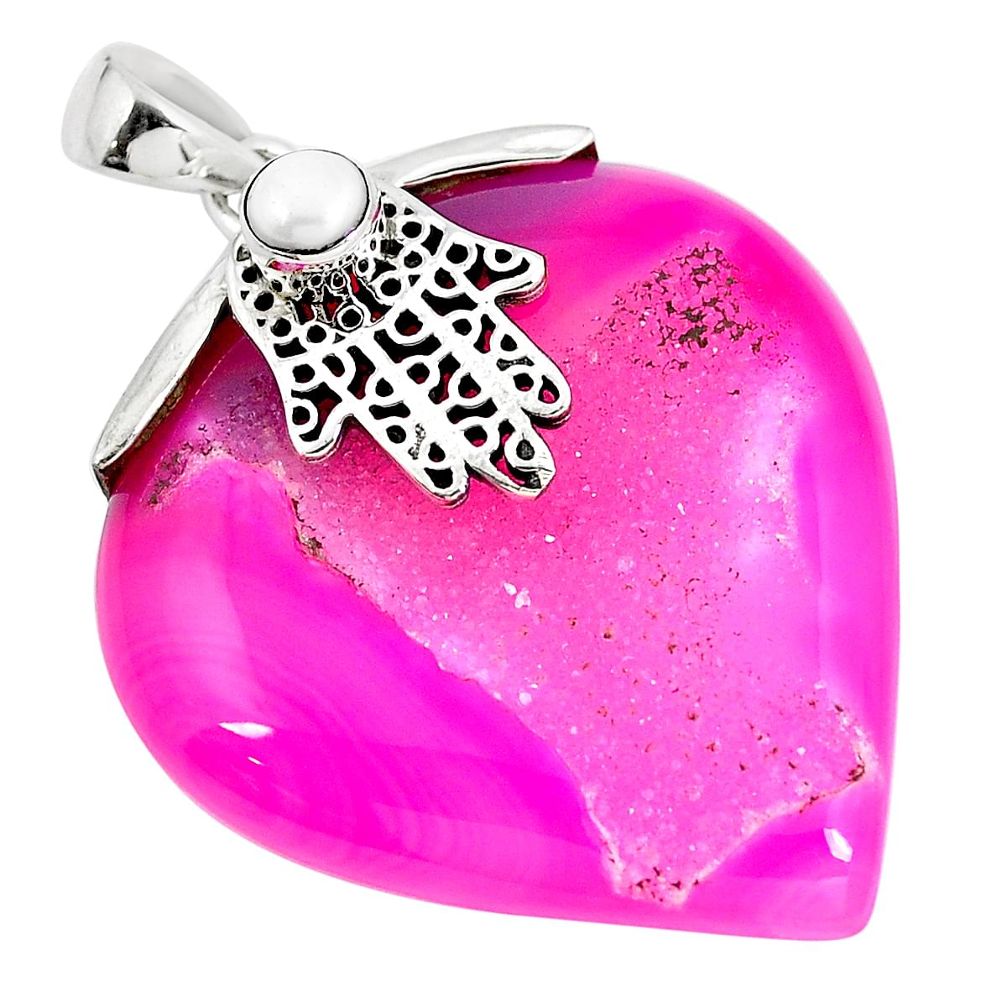 Pink druzy white pearl 925 sterling silver hand of god hamsa pendant d30369