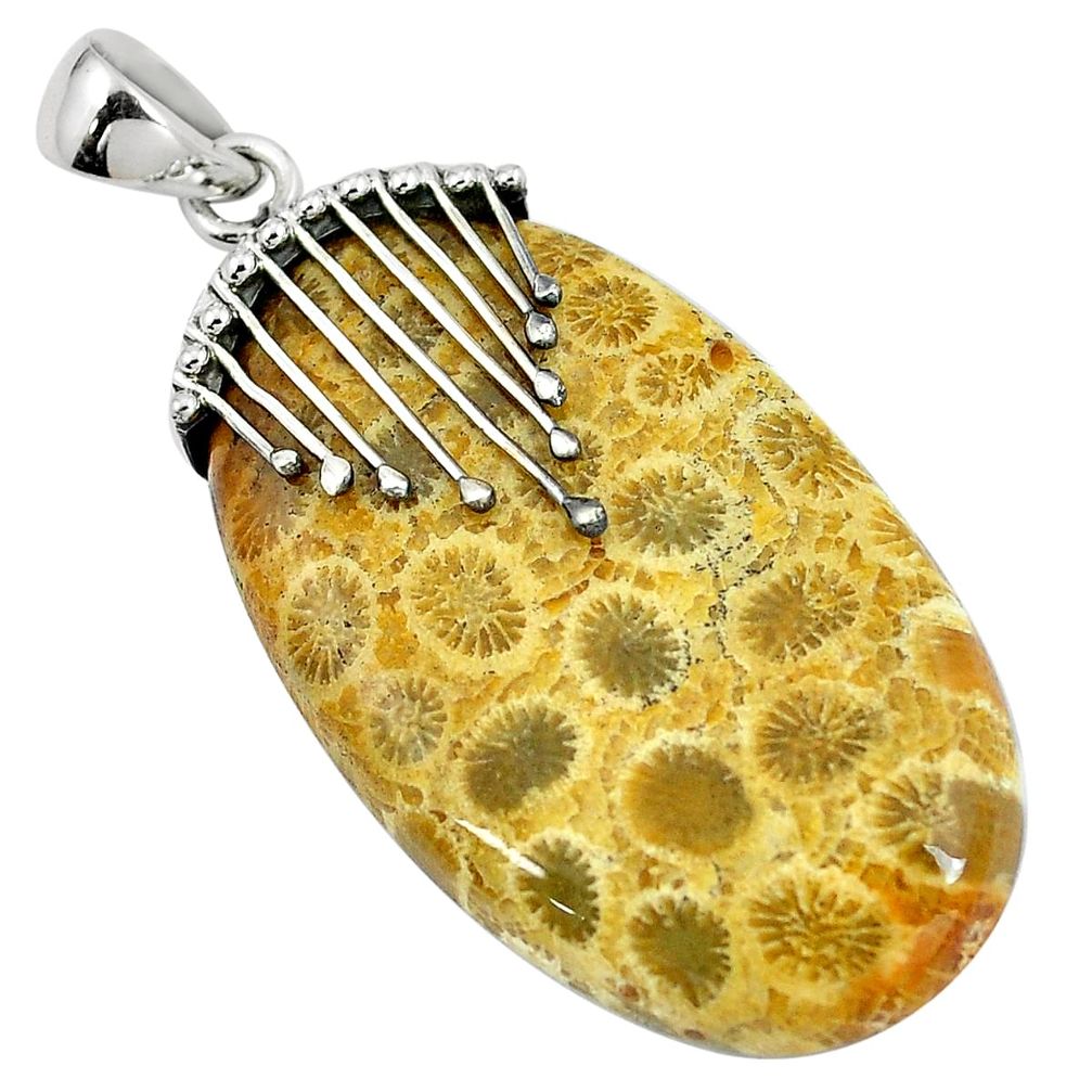 Natural yellow fossil coral (agatized) petoskey stone 925 silver pendant d30371