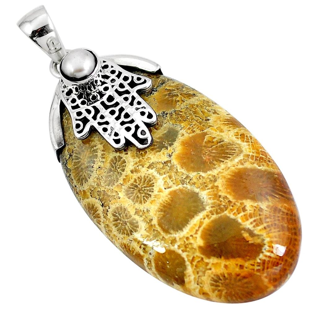 Yellow fossil coral (agatized) petoskey stone 925 silver pendant d30374