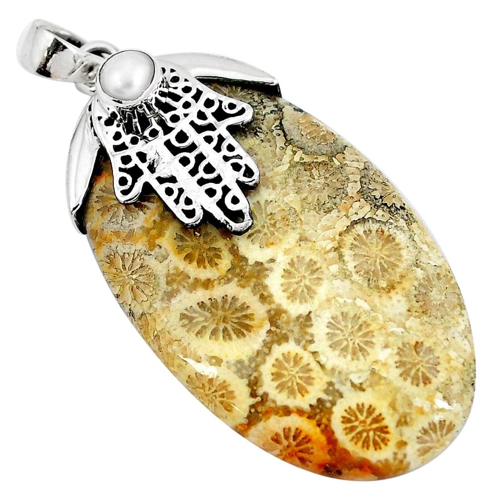 Yellow fossil coral (agatized) petoskey stone 925 silver pendant d30375