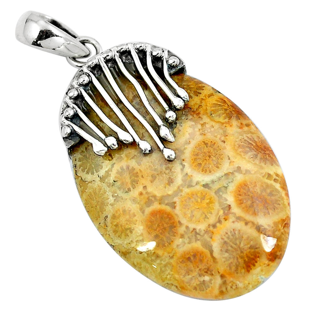 Natural yellow fossil coral (agatized) petoskey stone 925 silver pendant d30377