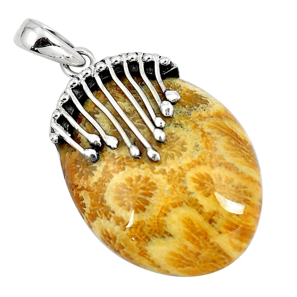 Natural yellow fossil coral (agatized) petoskey stone 925 silver pendant d30379
