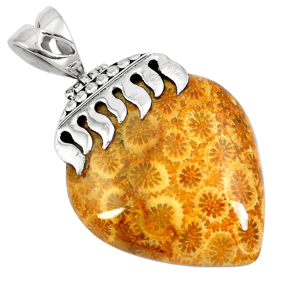 925 silver natural yellow fossil coral (agatized) petoskey stone pendant d30380