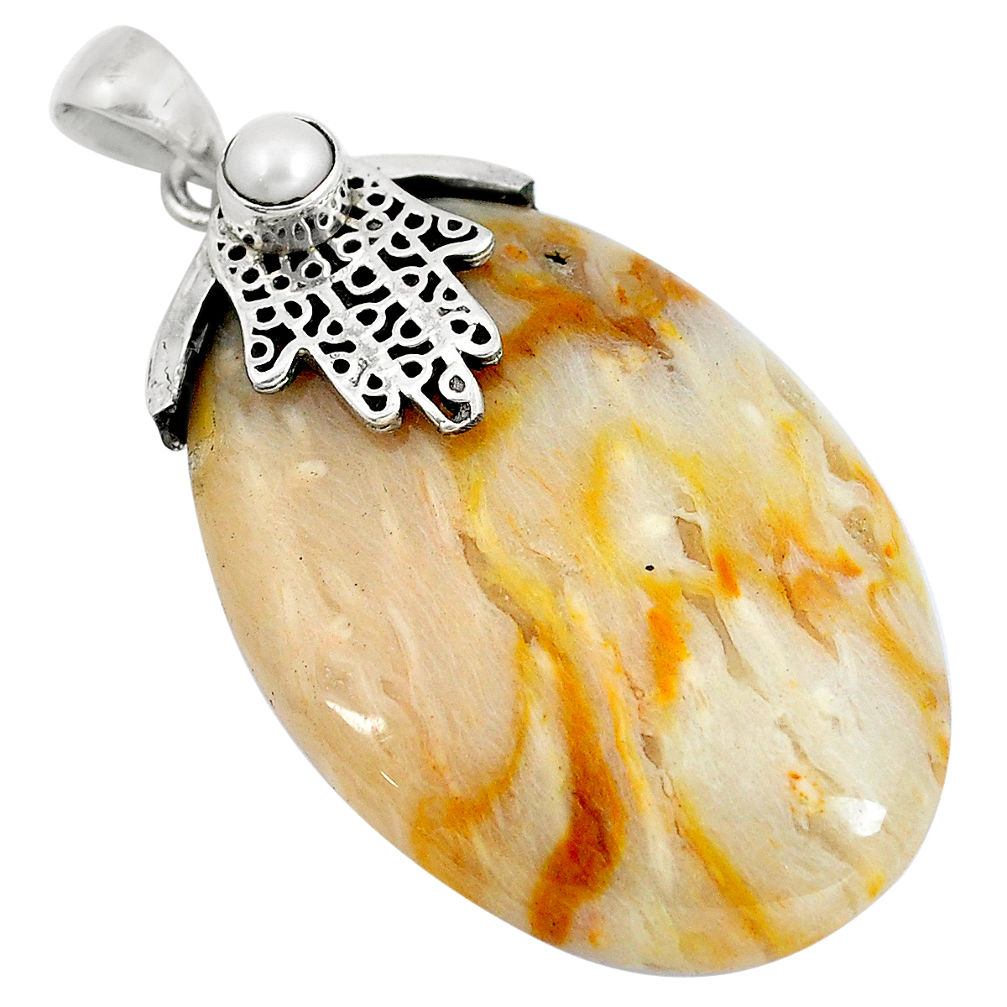 Natural brown picture jasper 925 silver hand of god hamsa pendant d30381