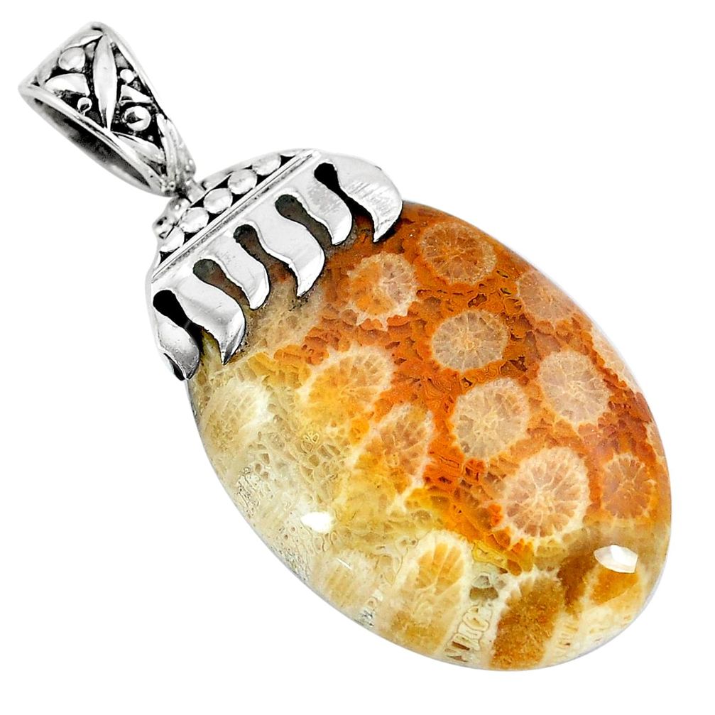 Natural brown fossil coral (agatized) petoskey stone 925 silver pendant d30382