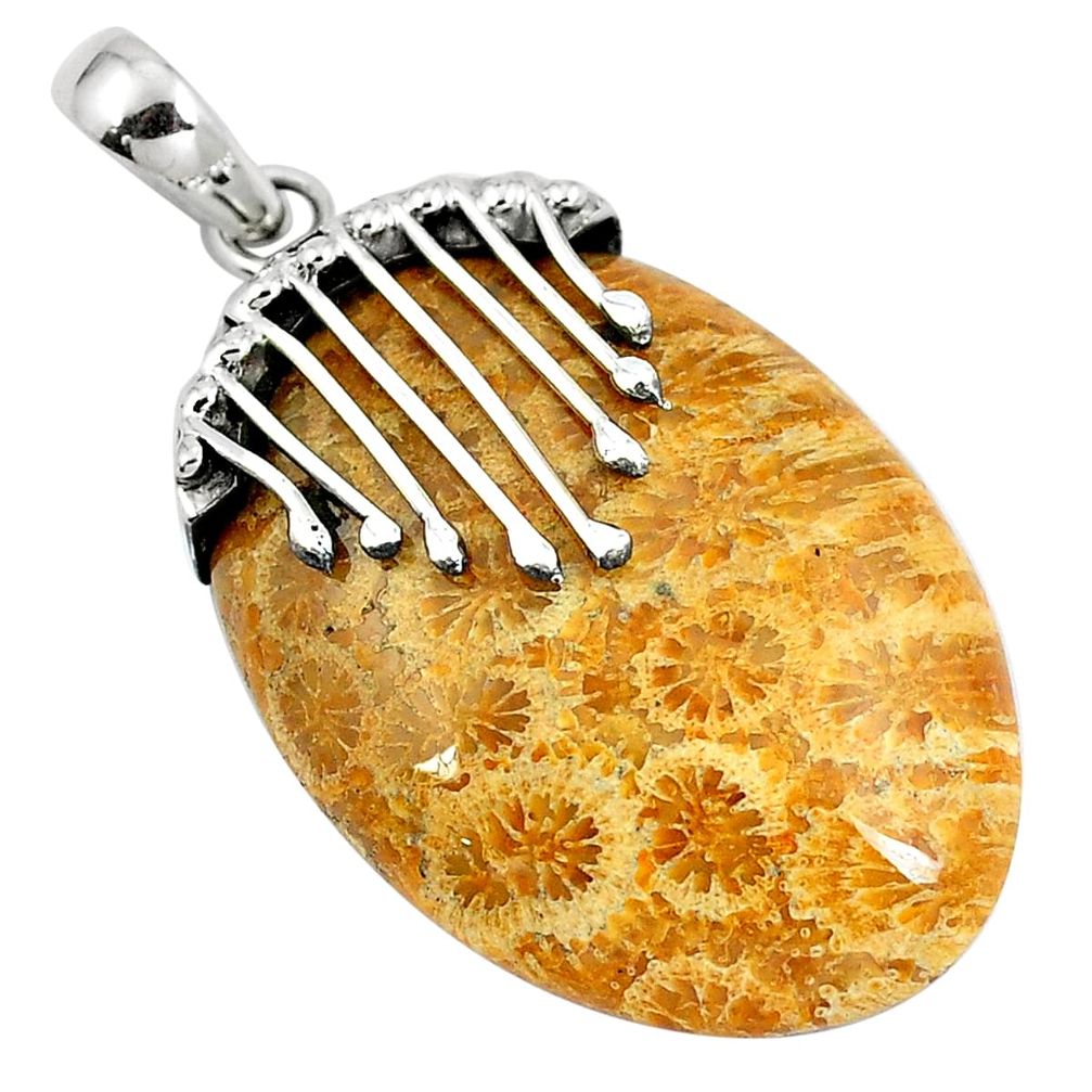 Natural brown fossil coral (agatized) petoskey stone 925 silver pendant d30383