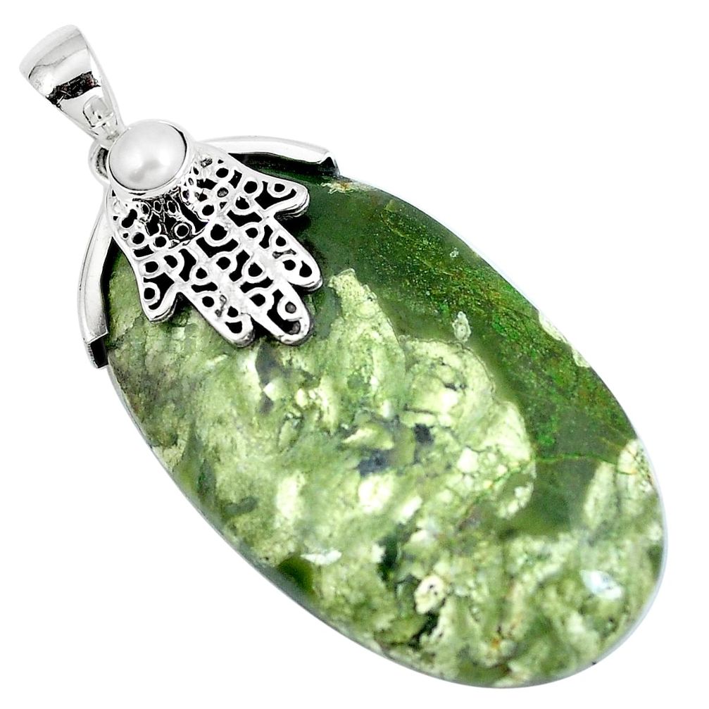 Natural rainforest rhyolite jasper 925 silver hand of god hamsa pendant d30405