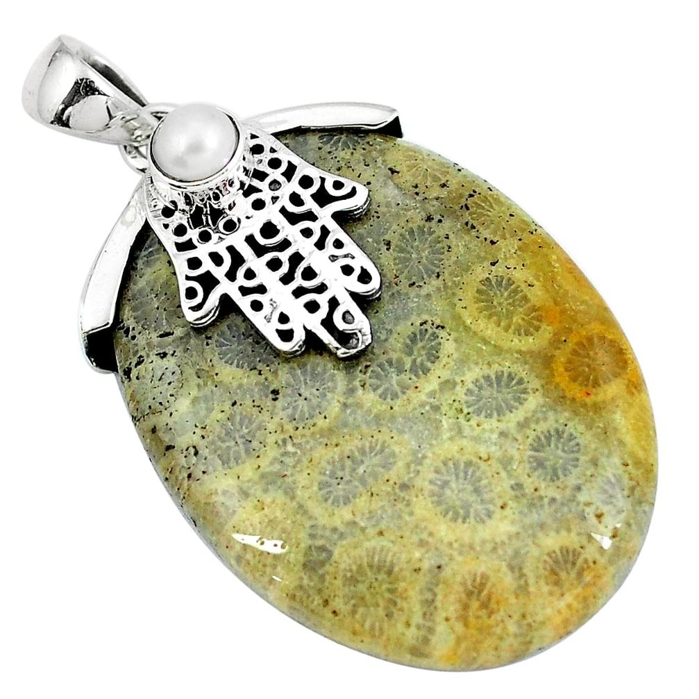 Yellow fossil coral (agatized) petoskey stone 925 silver pendant d30427