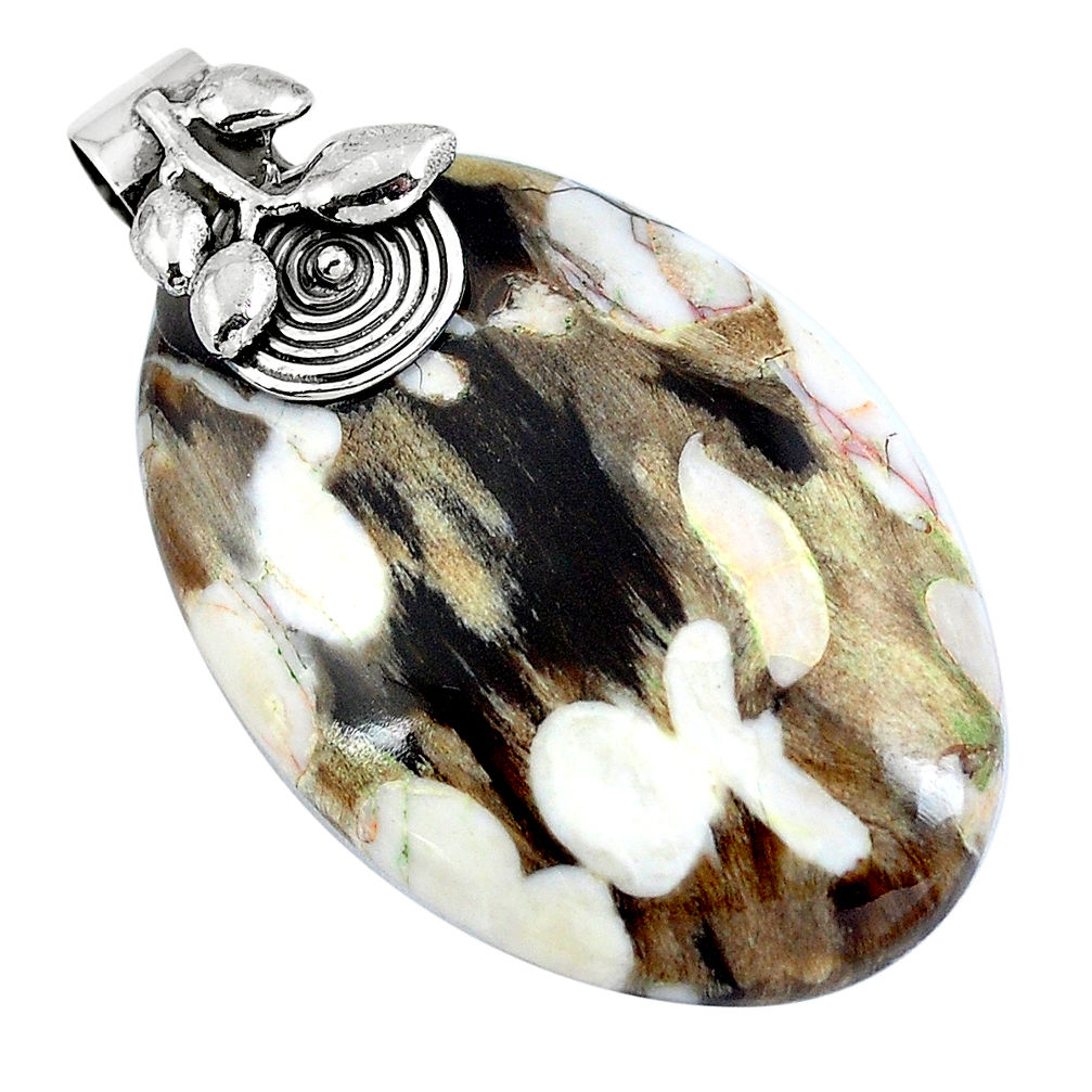 Natural brown peanut petrified wood fossil 925 silver pendant d30439