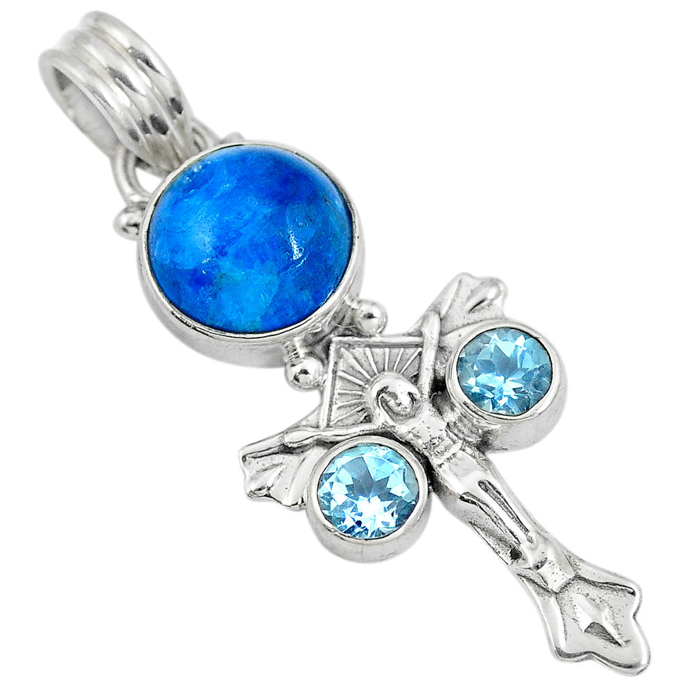 Natural blue apatite (madagascar) 925 silver holy cross pendant d30645