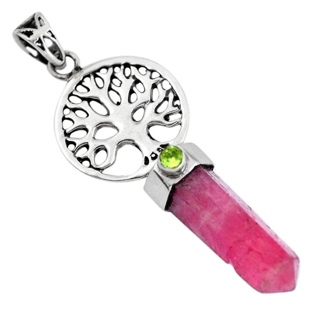 Natural pink tourmaline peridot 925 silver tree of life pendant d30654