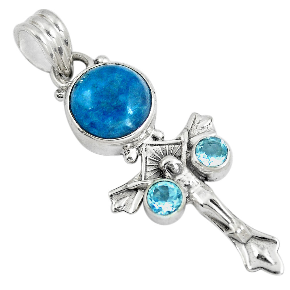 Natural blue apatite (madagascar) 925 silver holy cross pendant d30660