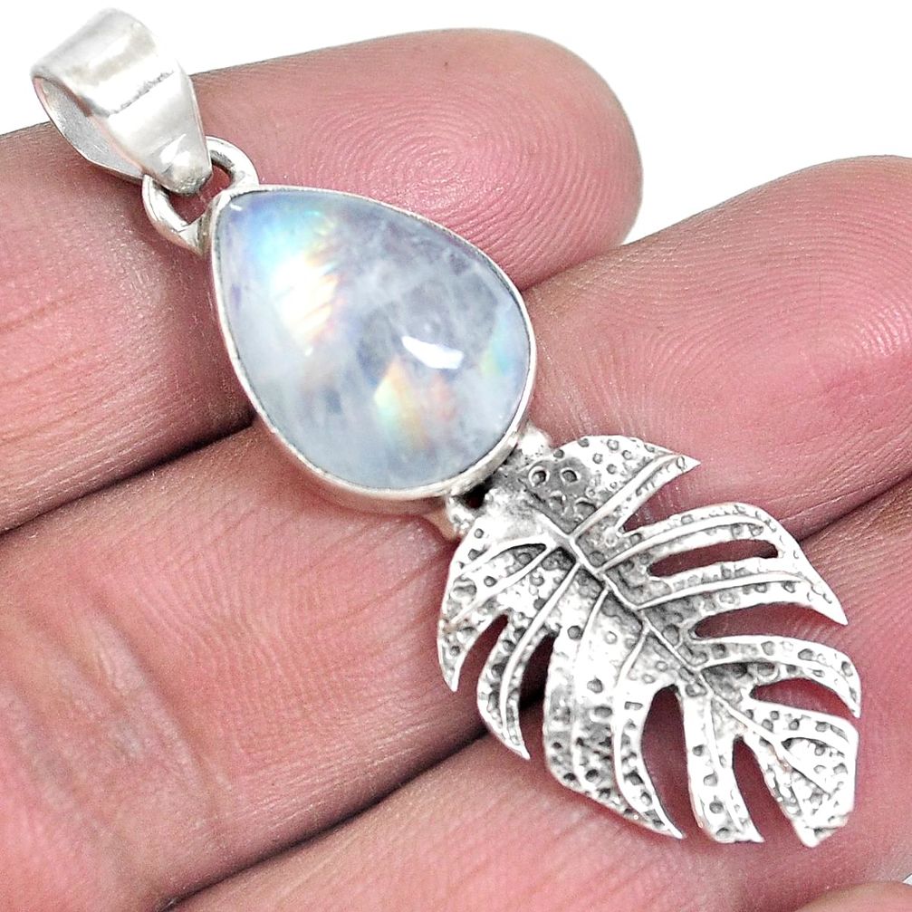 Natural rainbow moonstone 925 silver deltoid leaf pendant jewelry d30670