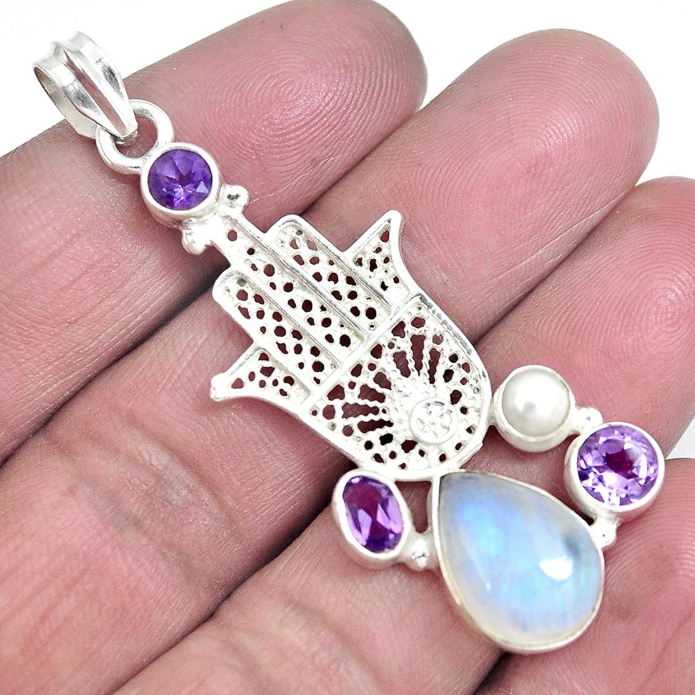 Natural rainbow moonstone amethyst 925 silver hand of god hamsa pendant d30691