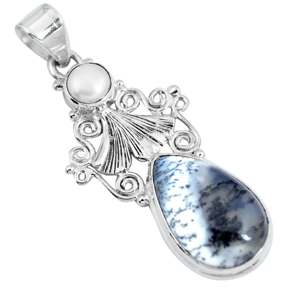 Natural white dendrite opal (merlinite) pearl 925 silver pendant d30722