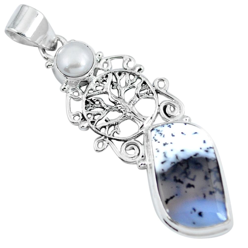 Natural white dendrite opal (merlinite) 925 silver tree of life pendant d30731